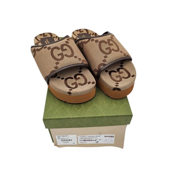 Gucci GG Jumbo Monogram Platform Slide Sandal Brown Tan Canvas Size 42 US 12 - Picture 2 of 13